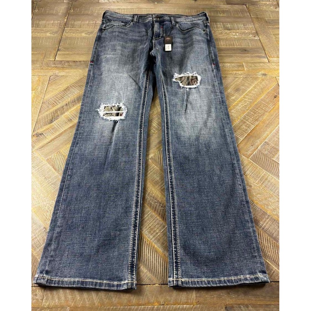 Affliction Cooper Devin Mens Distressed Straight Leg Jeans Camo Flag Patch 36